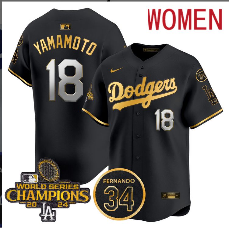 Women MLB Los Angeles Dodgers #18 Yamamoto black 2024 World Series Champions Patch Limited Jersey